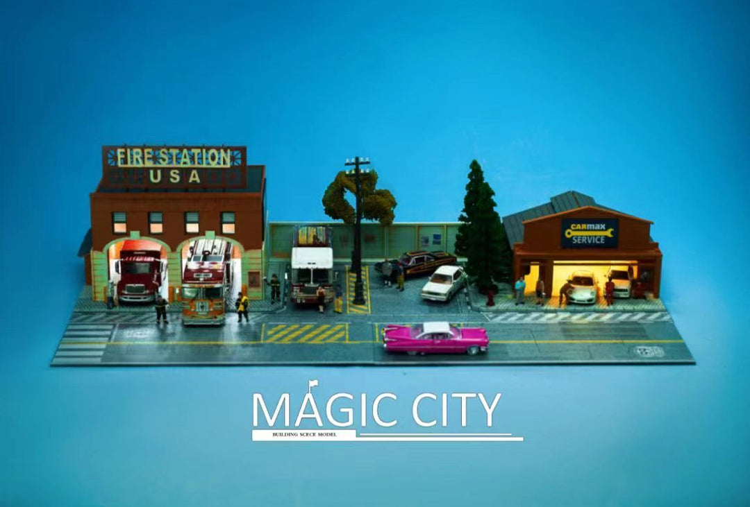 Magic City 1:64 Diorama American Scene - Fire Department & CARMAX Auto Repair Shop