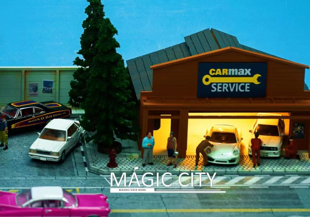 Magic City 1:64 Diorama American Scene - Fire Department & CARMAX Auto Repair Shop