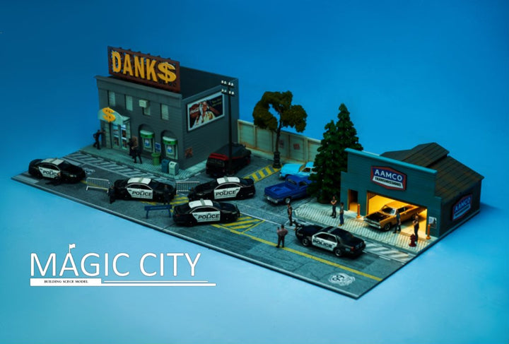 Magic City 1:64 Diorama American Scene - Bank & AAMCO Auto Repair Shop