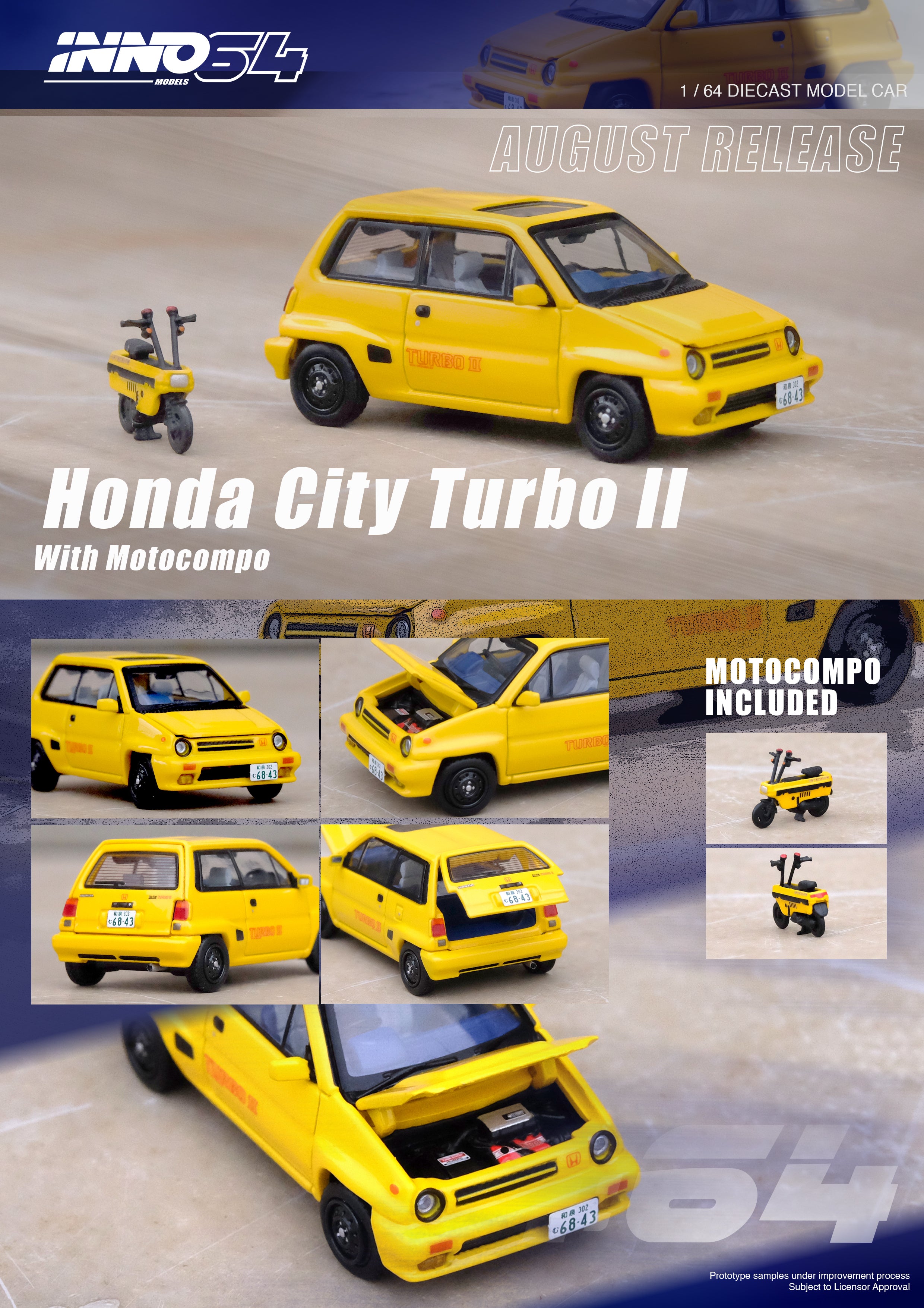 Inno64 1:64 Honda City Turbo II Yellow With MOTOCOMPO IN64-CITYII