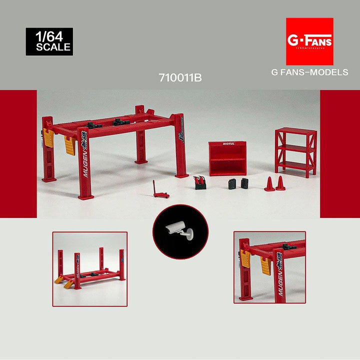 [Preorder] G.FANS 1:64 Model Repair Tools Kit Models/Garage lift set Red (2 Variant) - Horizon Diecast