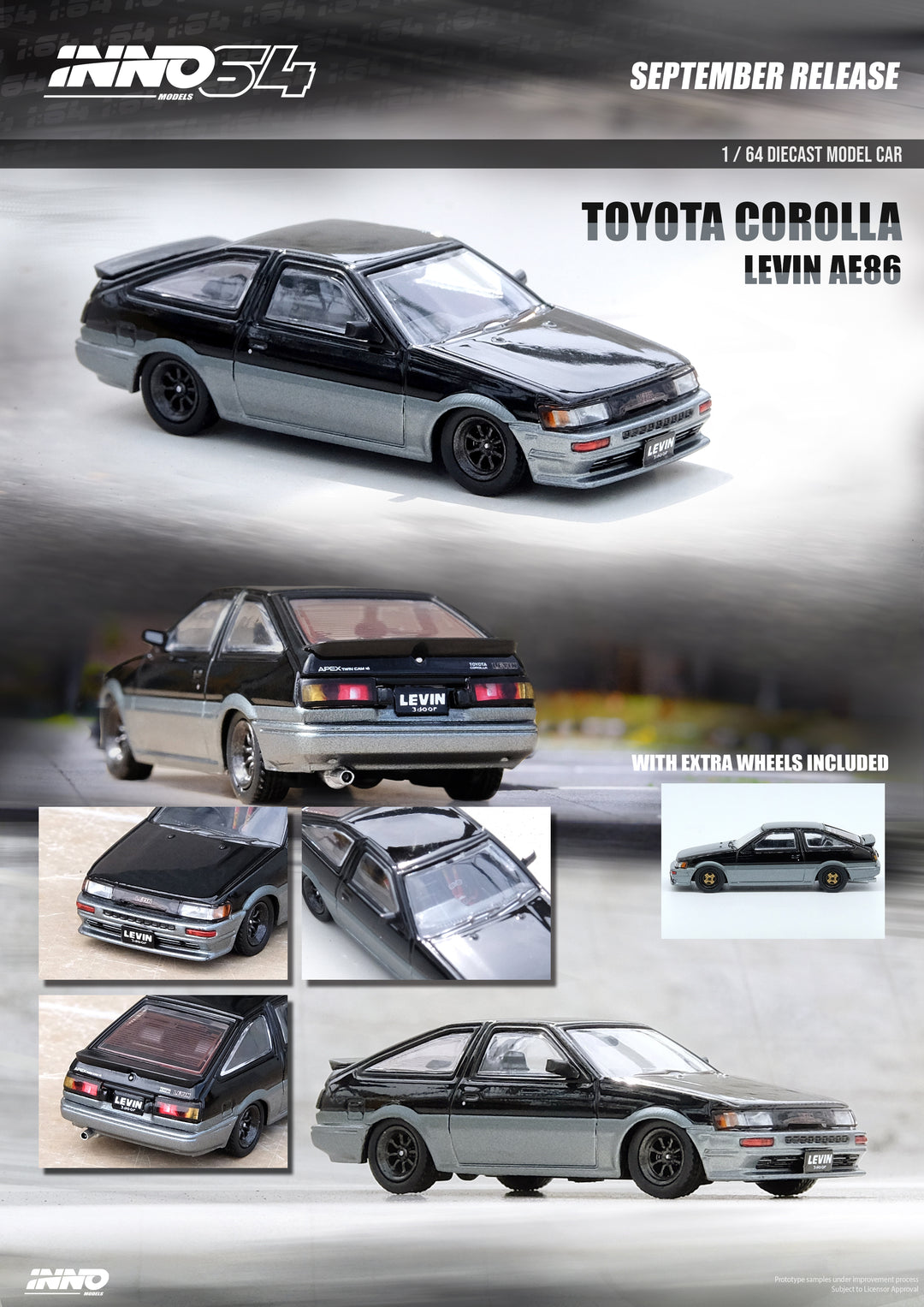 Inno64 1:64 Toyota Corolla Levin AE86 Black/Grey IN64-AE86-BLGR