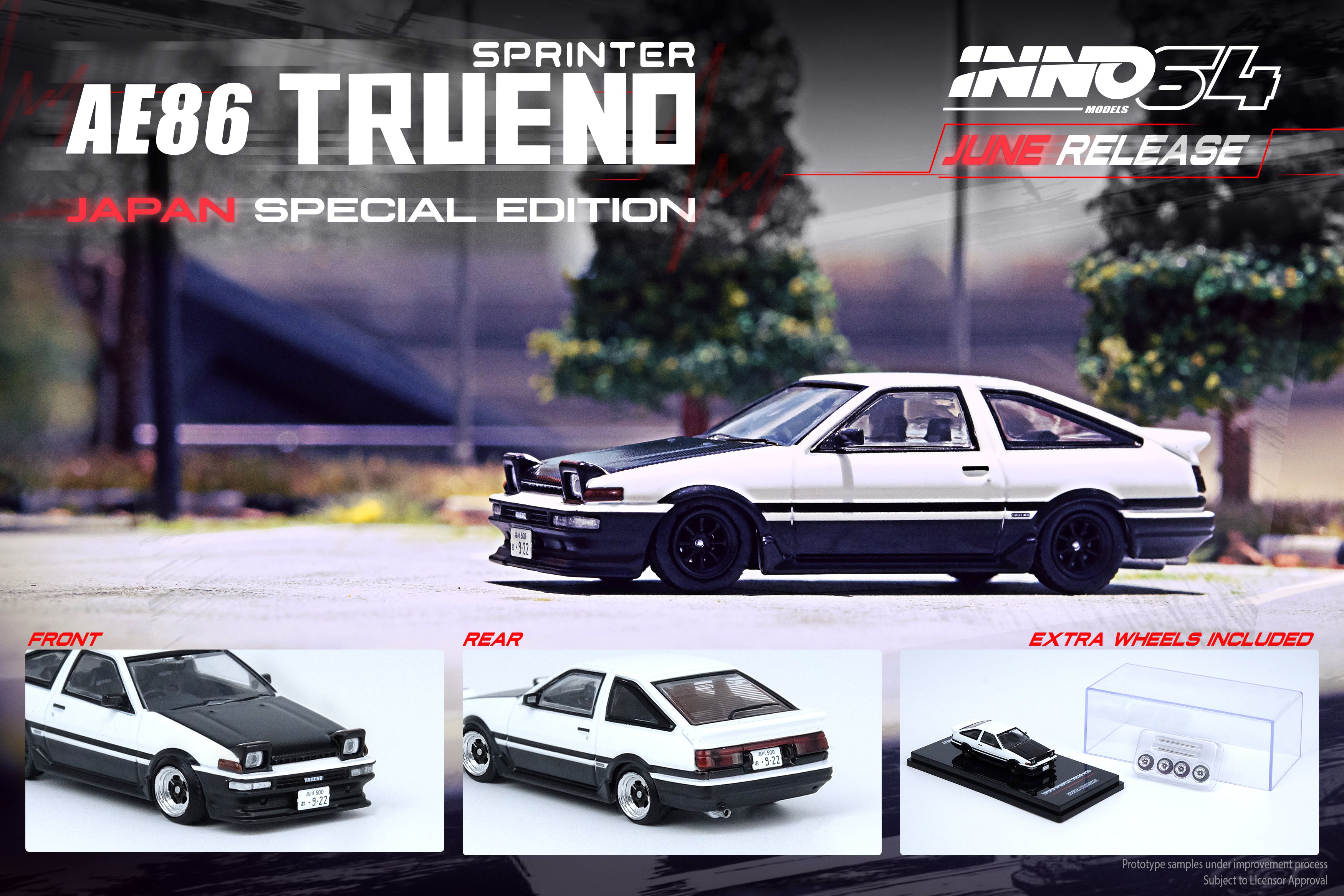 Inno64 Toyota Sprinter Trueno AE86 White/Black With Extra wheels