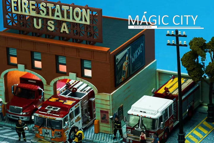 Magic City 1:64 Diorama American Scene - Fire Department & CARMAX Auto Repair Shop