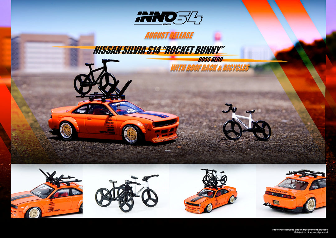 Inno64 Nissan Silvia S14 Rocket Bunny Boss Aero With Roof Rack and Bicycles IN6-S14B-SEMA15